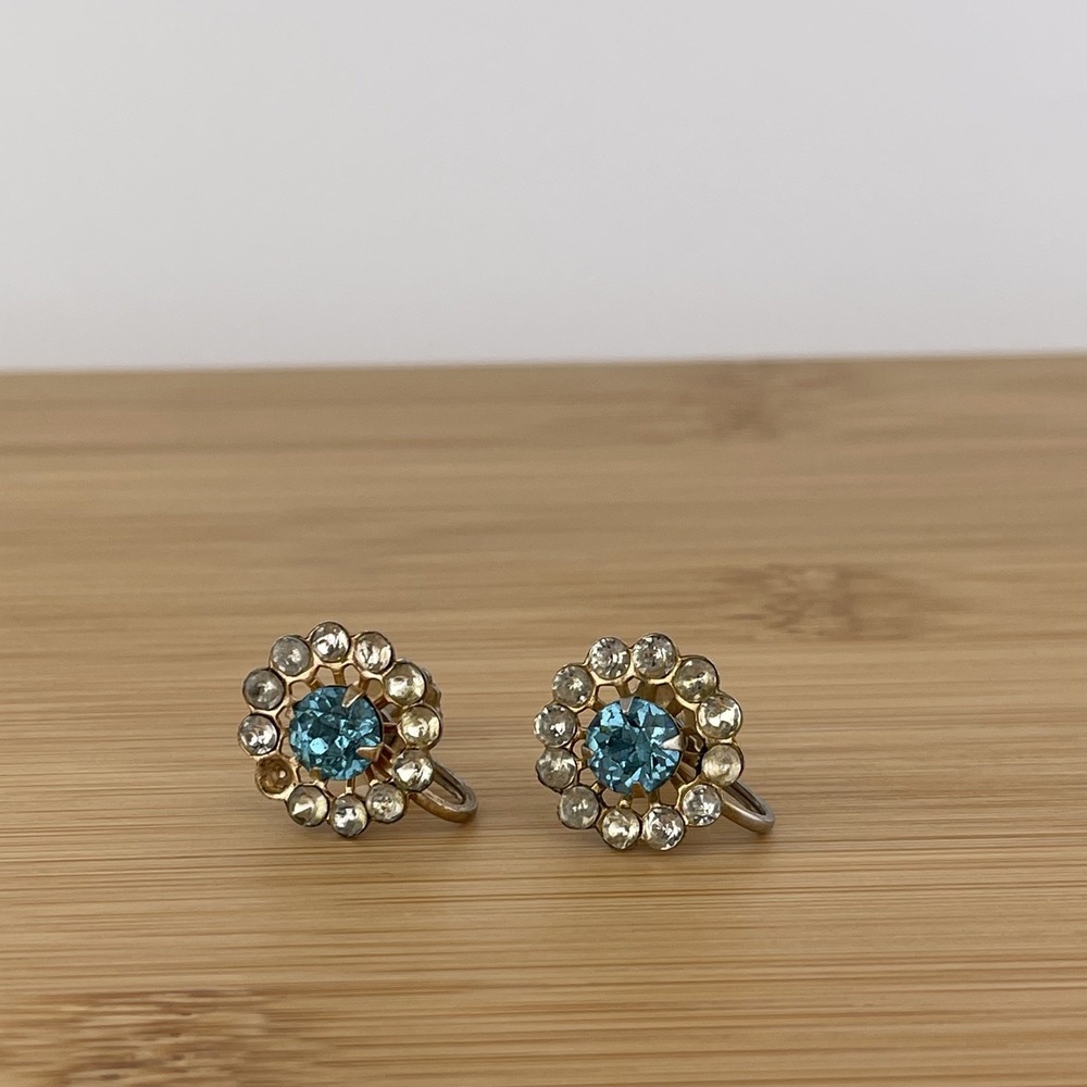 VTG Coro Retro Aqua Blue Rhinestone Earrings Screw Back Signed Glam